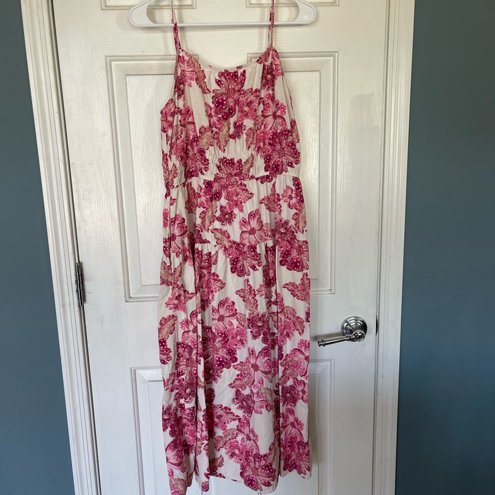 Old Navy Linen Blend Midi Dress, Cream w/Pink Floral Pattern, Size Extra Large